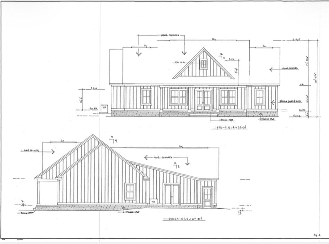 Original hand-drafted front and side elevation plans for a Journey Construction home
